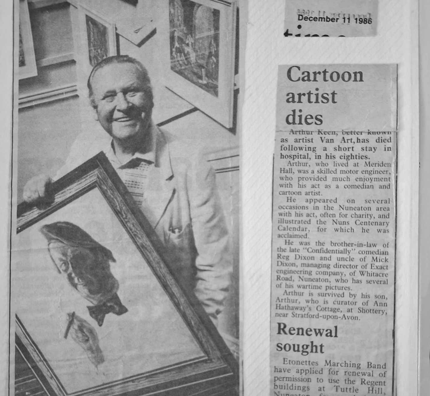 “Archival scrapbook page showing Arthur Keene "Van Art" of Coventry smiling beside framed artwork, with a newspaper death notice mounted to its right.” This describes the visible image without guessing the work’s title or the source publication.